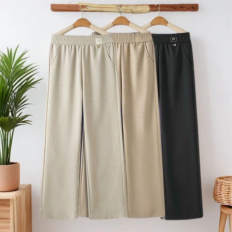 夏季新款棉麻女裤高腰松紧九分宽松直筒裤中老年妈妈休闲女裤薄款