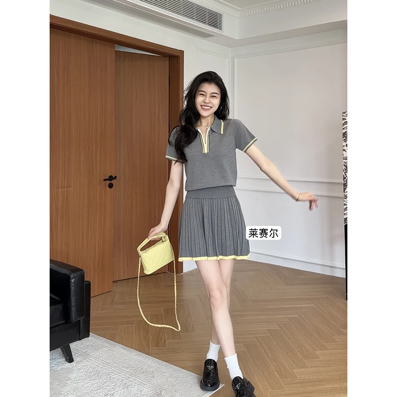 张阿星【假日漫游】简约休闲风时尚百搭减龄撞色假两件上衣半裙套装