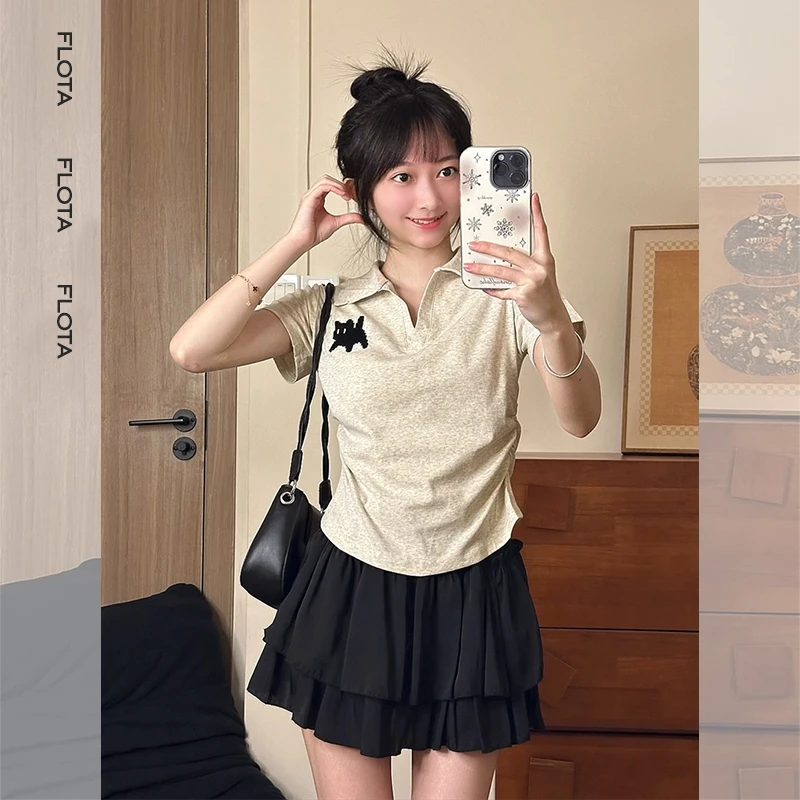 【flota】POLO领可爱小猫百搭半袖t恤女正肩修身夏季新款上衣0933