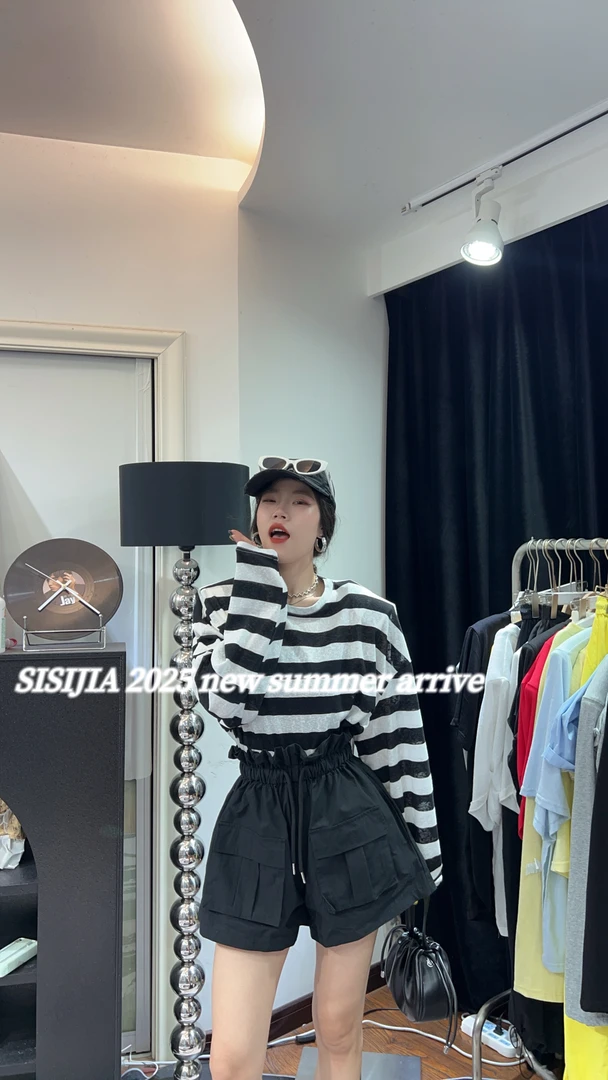 中长款透气条纹黑白休闲风街头风夏季宽松T恤休闲黑白细肩带内衣