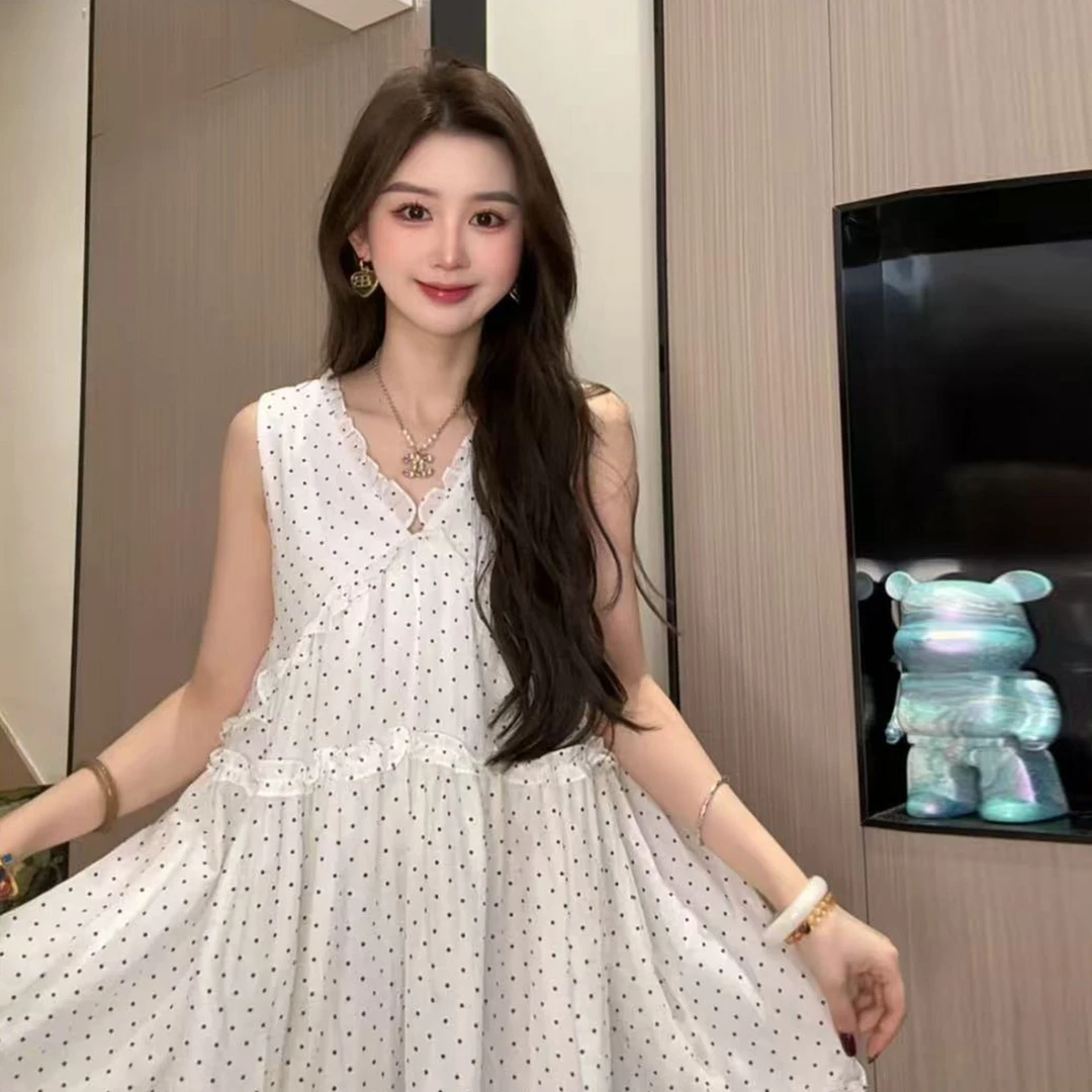 【现货+运补】白色V领波点连衣裙夏季2025新款海边度假短裙5162