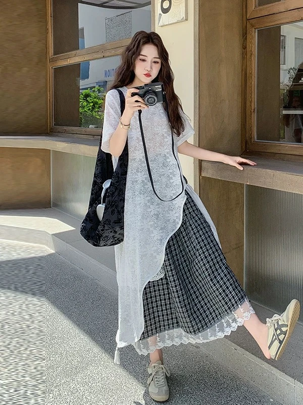 【运补6-8】ootd穿搭设计感不规则蕾丝罩衫裙+黑白格子半身裙