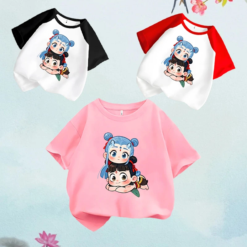 丸子版小哪吒敖丙 趣味喜居麦圆领百搭纯棉短袖儿童出游夏季ins