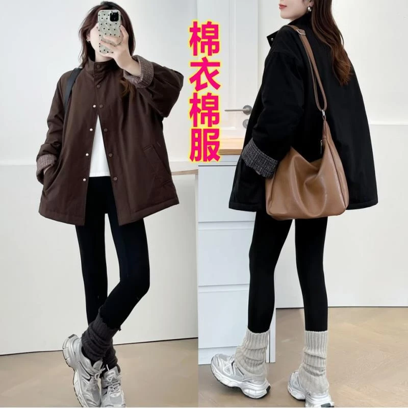 120-200斤大码女装胖mm冬装老钱风纯色水洗棉宽松遮肚棉衣棉服