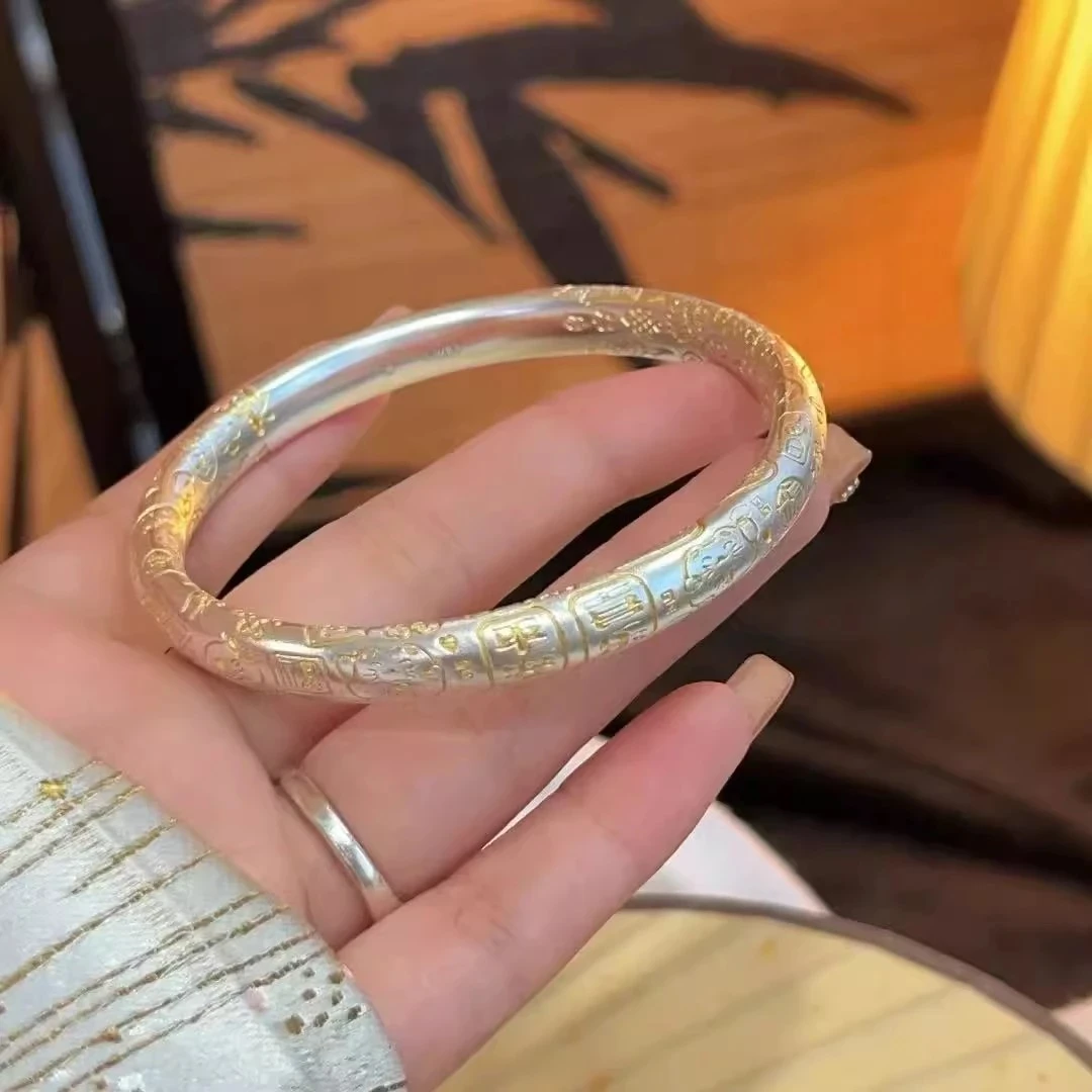 足银手镯 描金吉言招财猫银镯女闭口镯子国风气质生日情人节礼物