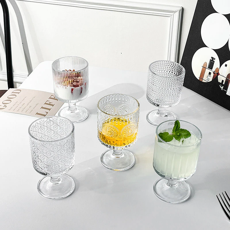 买一送三复古酒杯浮雕花纹高脚杯浮雕法式竖纹简约条纹奶茶nis风