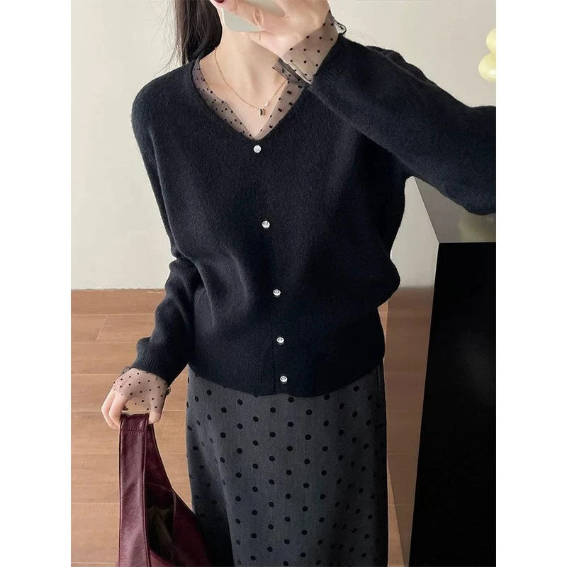 E'VAN【波点花纱】全羊毛圆领长袖蕾丝拼接百搭显瘦针织-不能机洗