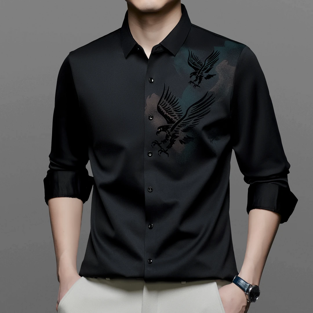 【喻小姐男装】2025新款高档亲肤长袖轻奢舒适抗皱印花植绒烫钻衬衫