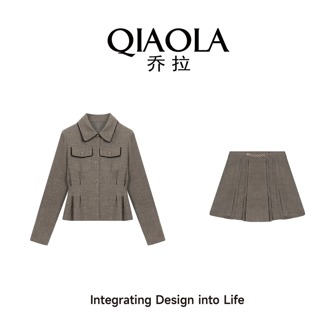 QIAOLA/乔拉【漫野邮记】秋季小香风黑曜石翻领A版轻奢遮肉套装预售