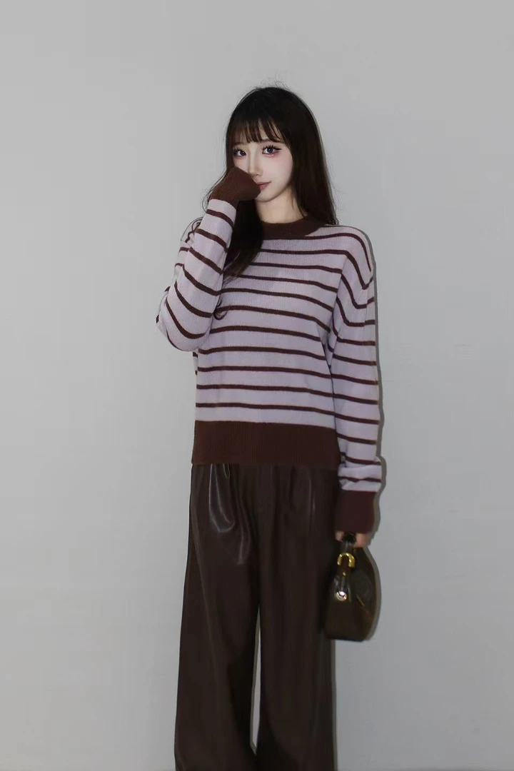 时尚长袖针织衫上衣条纹圆领秋冬套头休闲
