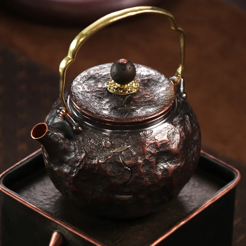 【铜小楼】金色提梁焗钉纯铜小茶壶纯手工锤纹泡茶壶（T1036）