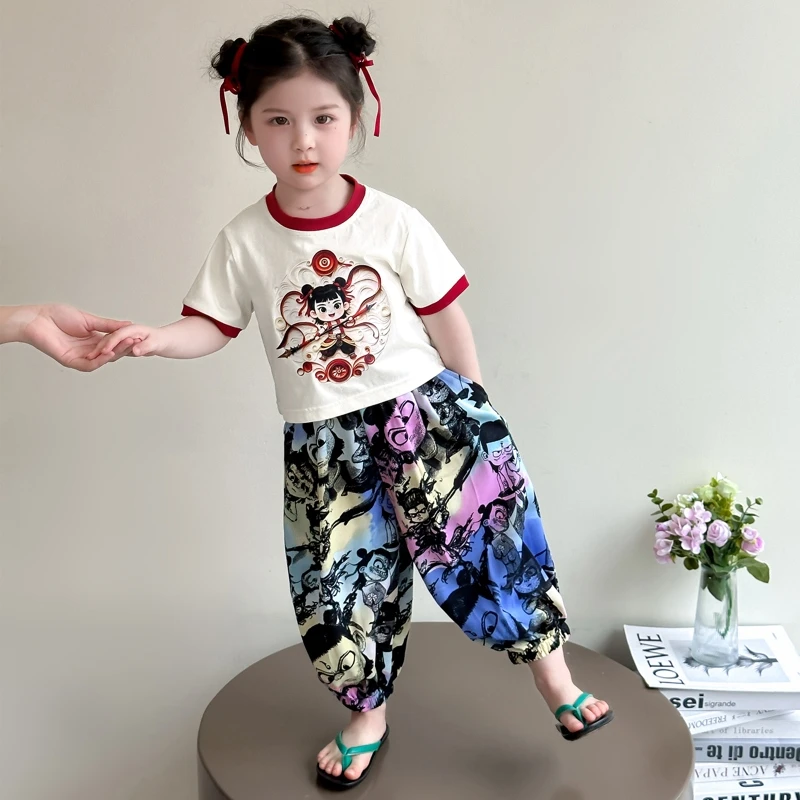 女童短袖哪吒套装洋气儿童夏季新款儿童防蚊裤休闲两件套女孩时髦