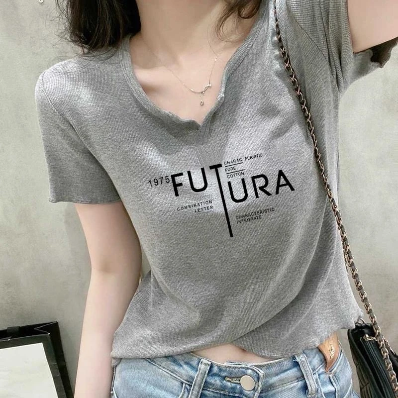 2025新款正肩螺纹V领口短袖T恤女设计感修身显瘦打底衫上衣春夏季