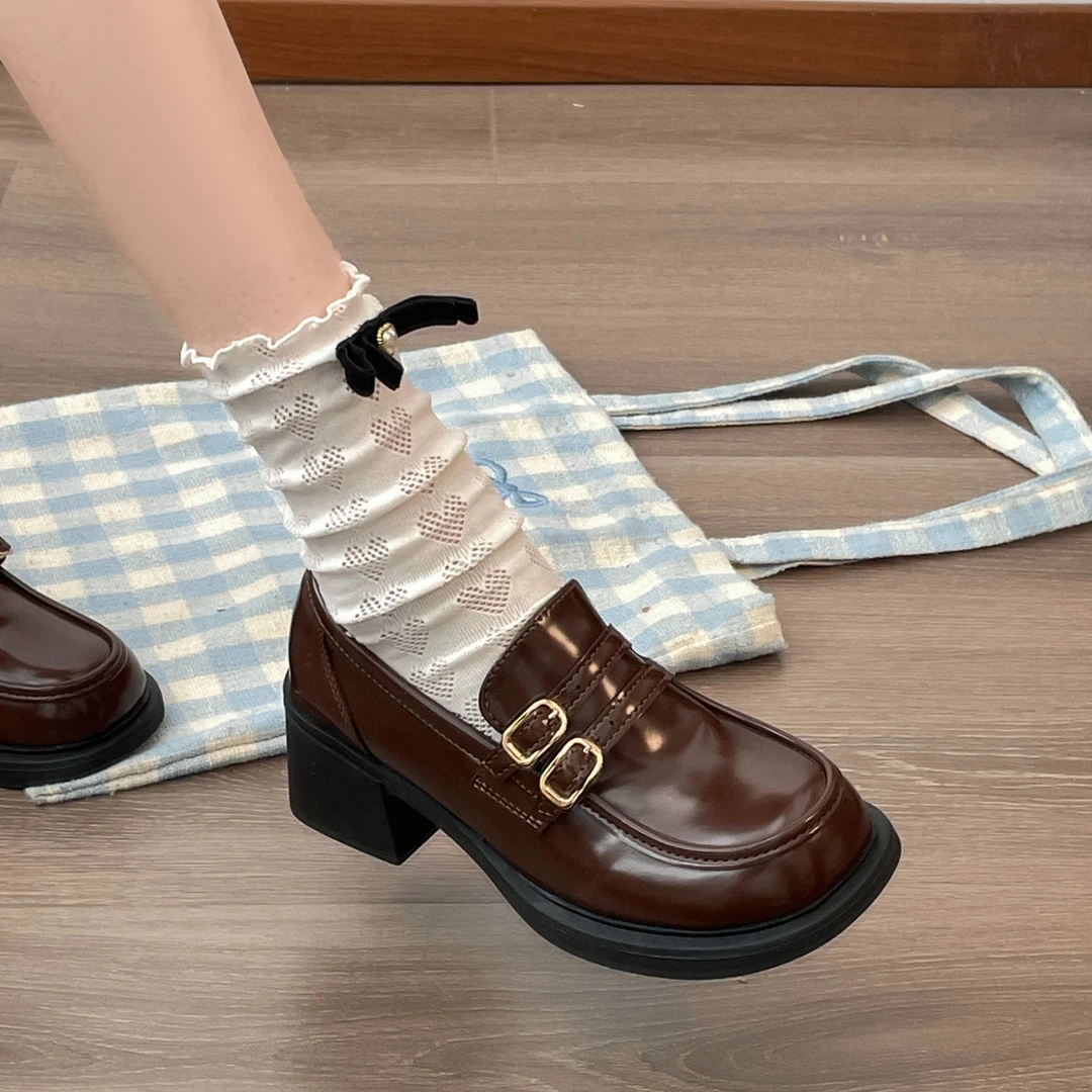 黑色复古英伦风粗跟厚底小皮鞋女2025新款春秋一脚蹬法式乐福单鞋