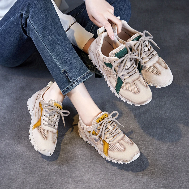 2025春夏新款真皮圆头运动休闲单鞋女复古系带平跟透气网纱阿甘鞋