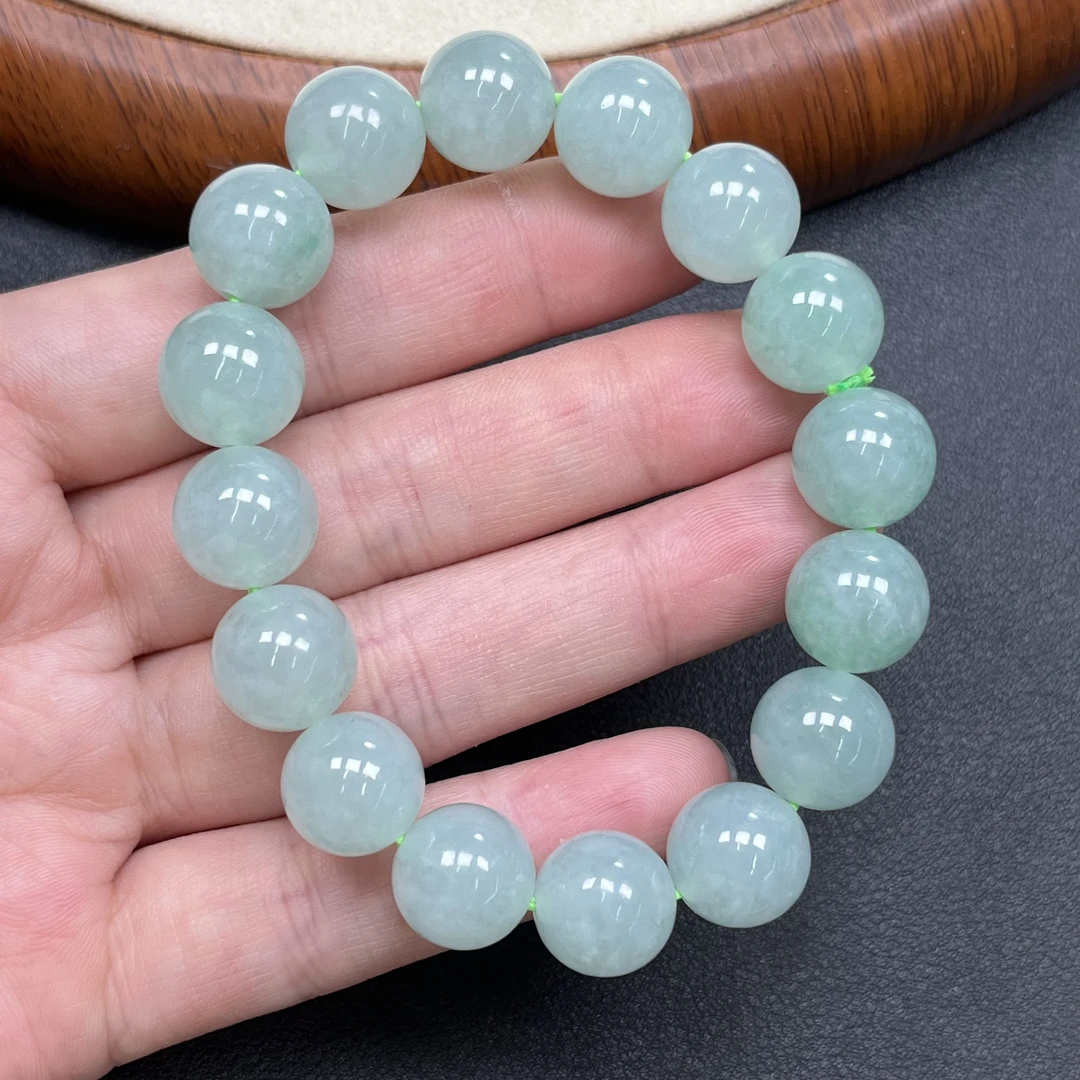 天然缅甸翡翠A货晴绿冰胶男士精美珠串翡翠圆珠手串缅甸翡翠手串