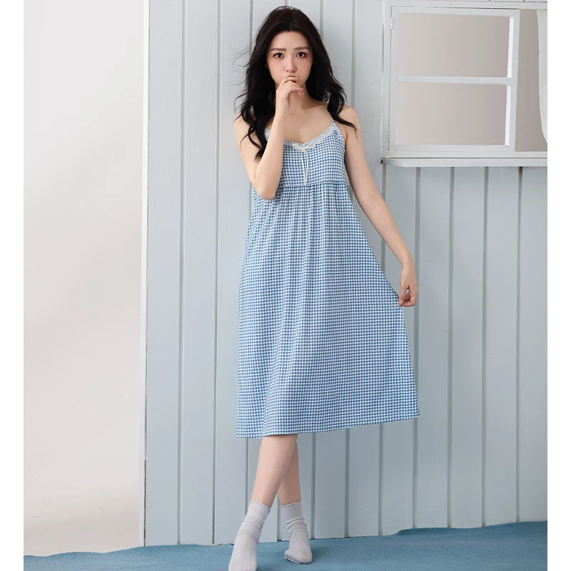 一体纯棉吊带群家居服睡衣裙25404
