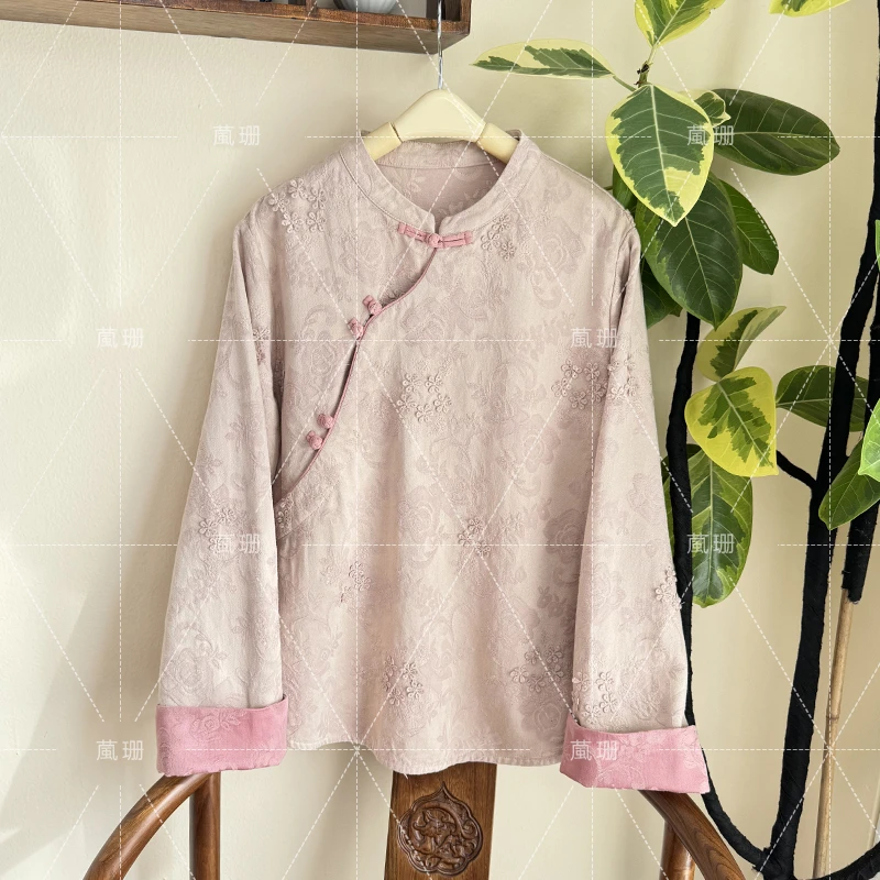 【花枝】秋季复古提花立体刺绣小花复古斜襟茶服小衫52609