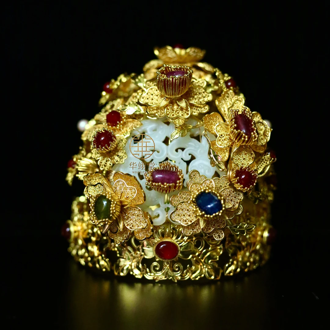 铜合金婚庆饰品 华翊堂原创国风铜镀金仿花丝立体錾刻多宝狄髻冠