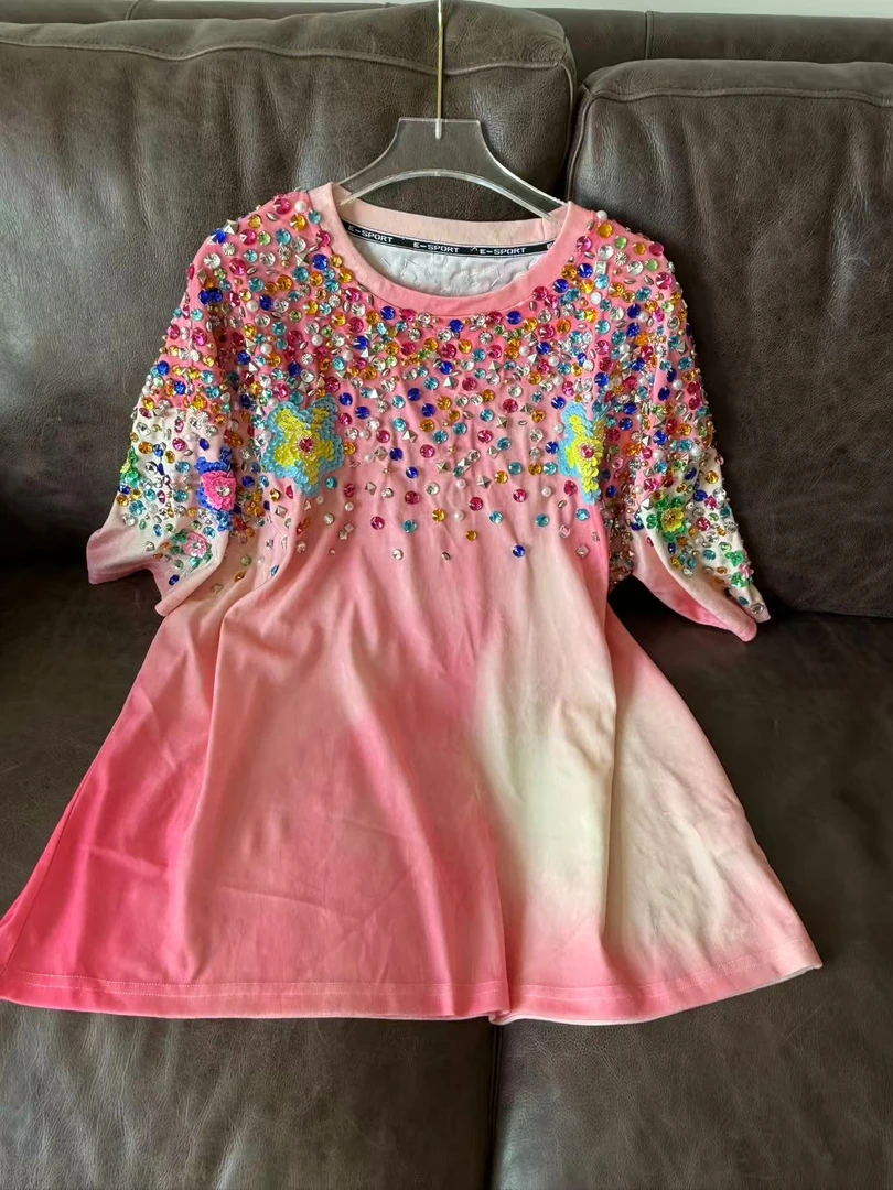 T168 女款时尚夏季半袖宽松印花紫色圆领休闲百搭春夏潮流连衣裙