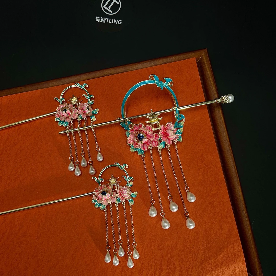 【牡丹台】发簪后压系列饰逅原创粉色牡丹凉亭烧蓝新中式国风发簪