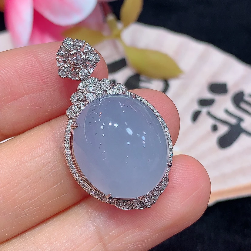 18k金天然A货翡翠紫蛋面吊坠轻奢时尚简约气质