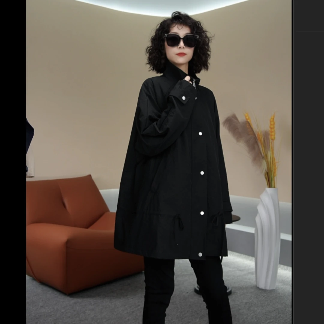 秋季新款欧韩休闲宽松显瘦时尚简约立领女士中长款外套下摆抽绳