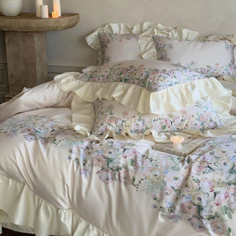 公主风100支全棉长绒棉四件套花边轻奢纯棉被套床上用品