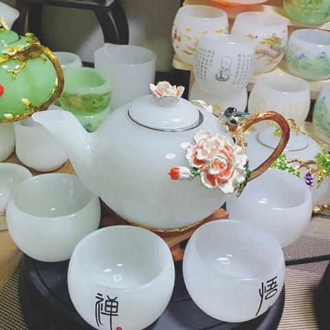 羊脂玉瓷琉璃中式珐琅彩花开富贵一壶六杯礼盒套装