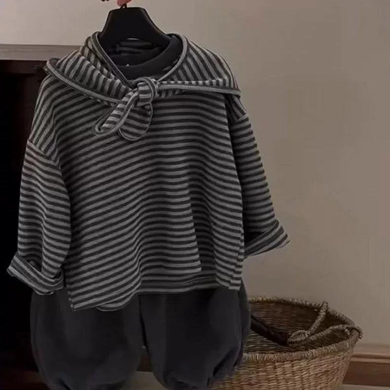 男童秋套装2025新款儿童棉圆领条纹卫衣加披肩两件套男孩卫裤