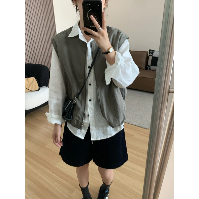 【JMHH】无性别日系简约圆领马甲女春秋外穿拉链开衫背心外套