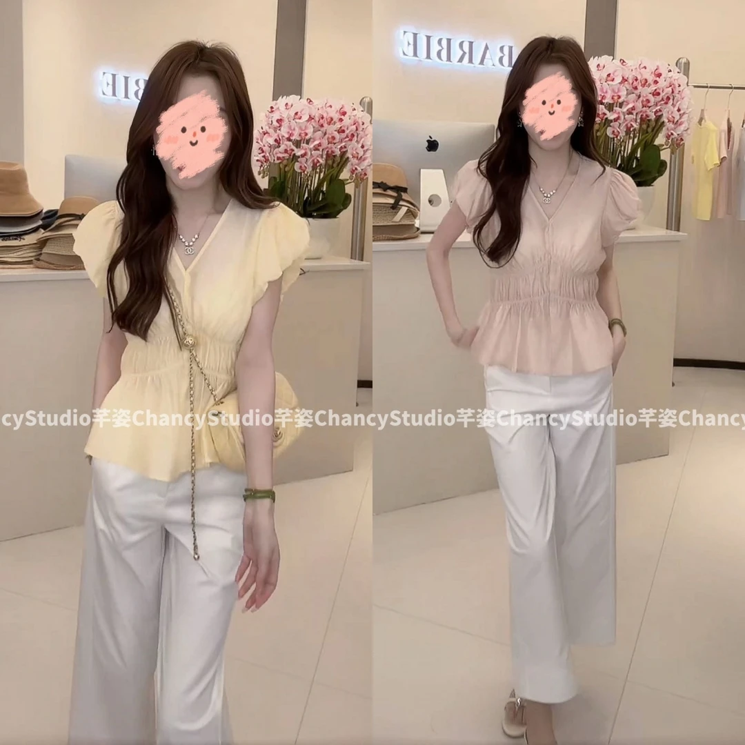 夏季百搭减龄纯色褶皱收腰V领小衫上衣显瘦直筒裤套装洋气衣服女