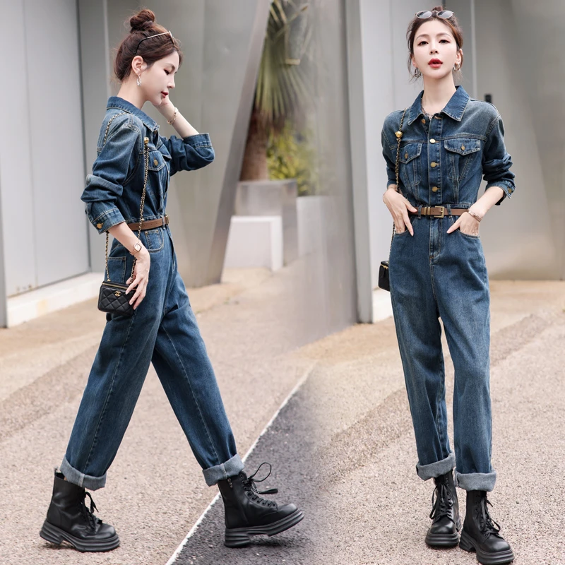 高端爆款洋气牛仔连体裤女2025秋装新款小个子显瘦高腰工装连体衣