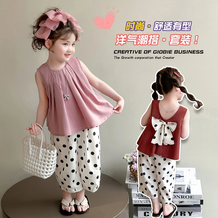 女童2025夏季新款无袖套装韩版休闲蝴蝶结背心圆点裤两件套