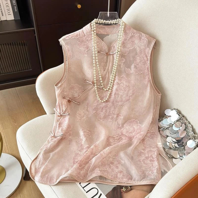 新中式国风马甲女夏季新款复古盘扣提花背心坎肩薄款立领无袖上衣