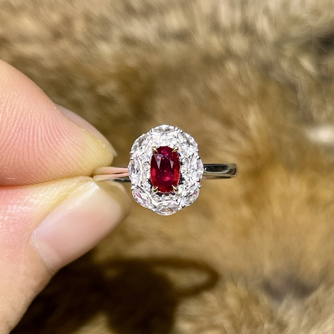 日常18K金镶嵌天然无烧鸽血红红宝石戒指时尚复古