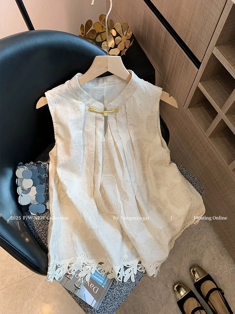 新中式提花刺绣挂脖无袖衬衫上衣女夏季盘扣复古温柔别致减龄背心