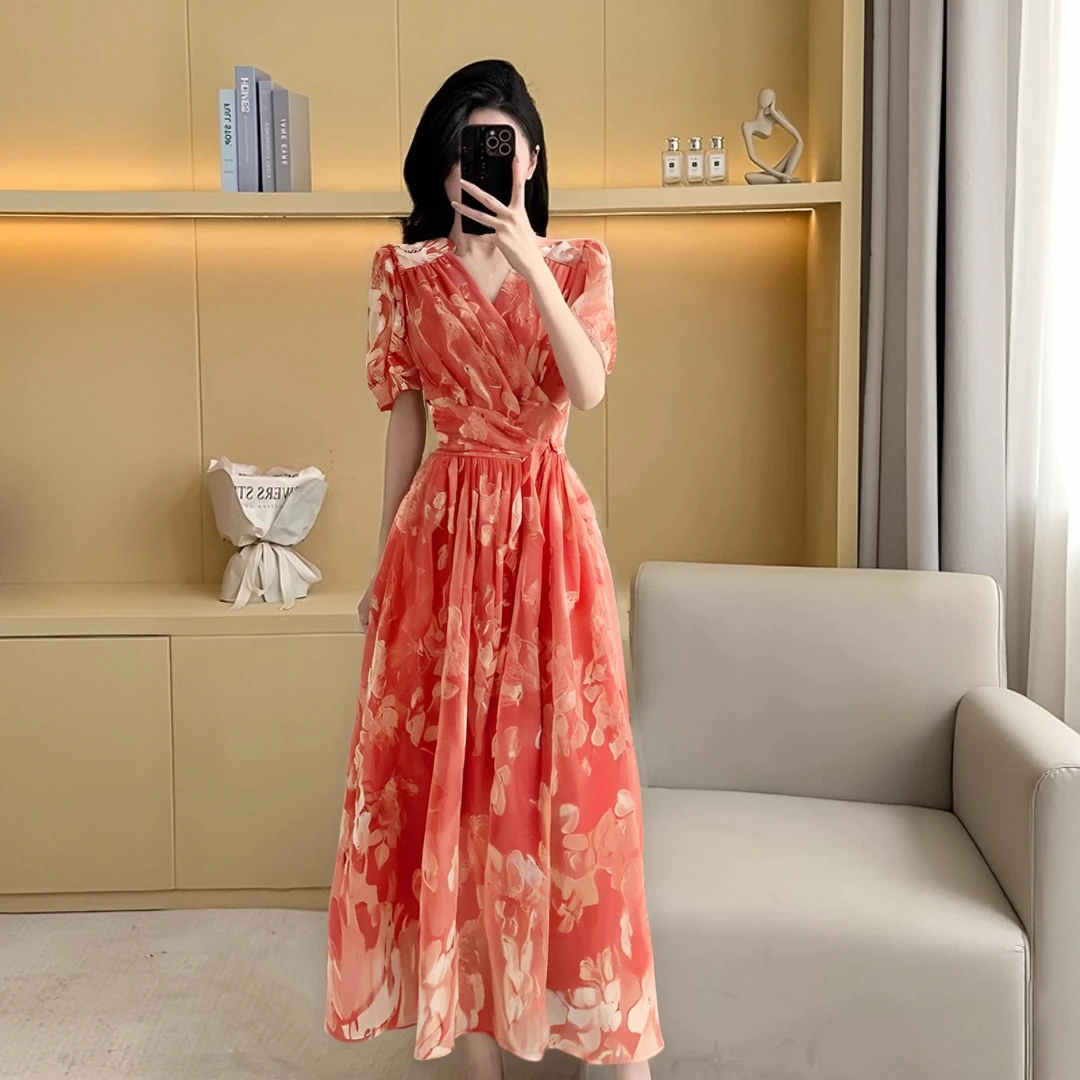 【有里布】2025夏季新款气质优雅法式长裙收腰V领连衣裙D1543A