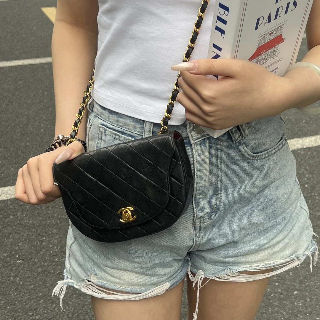 95新 Chanel/香奈儿 黑金风琴单肩斜挎女包