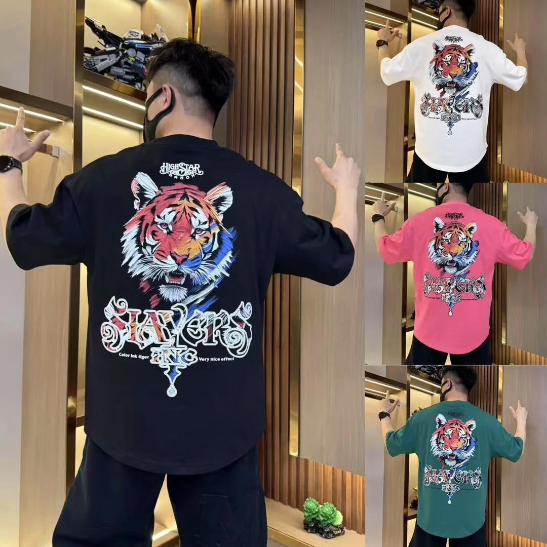 潮牌刺绣发泡男士短袖t恤透气舒适休闲百搭情侣青年宽松燕尾服