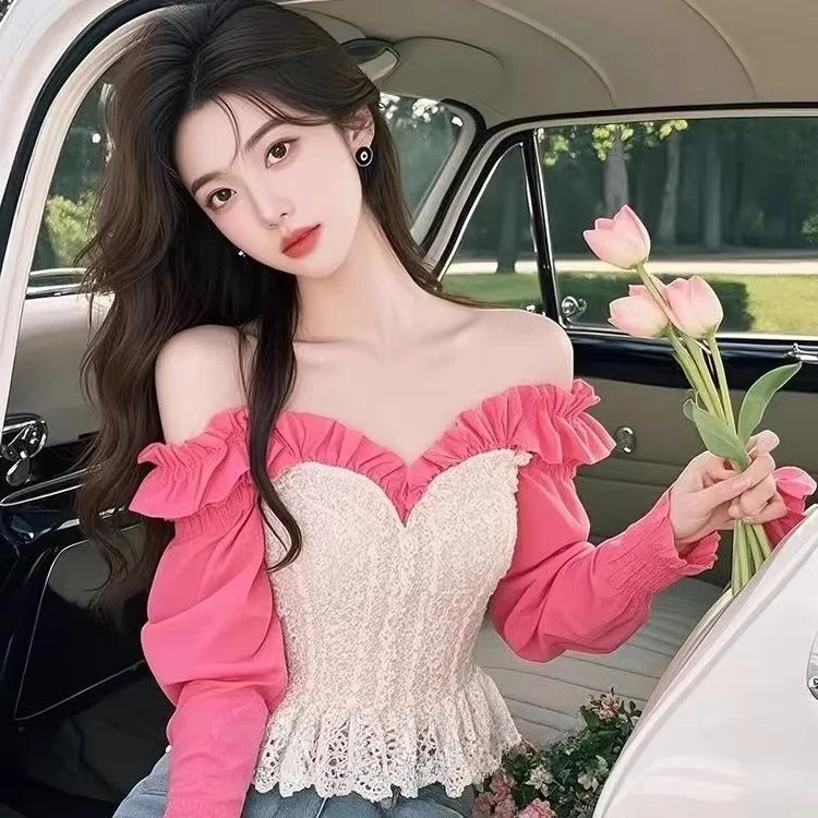 玫粉色高级感露肩设计感长袖衬衫女春季蕾丝御姐露肩好看独特上衣