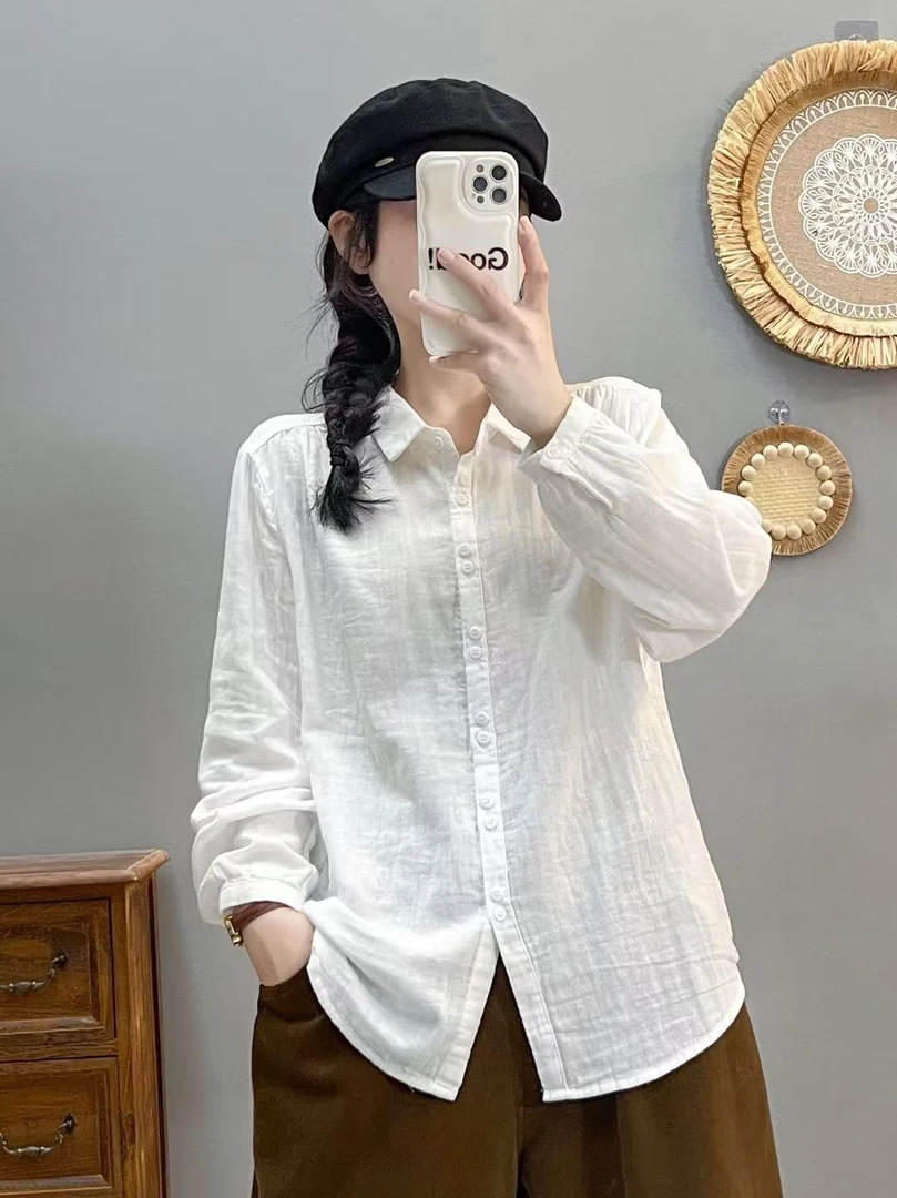 【长袖】双扣宽松休闲百搭日系文艺翻领双层纱纯棉女长袖纯色衬衫