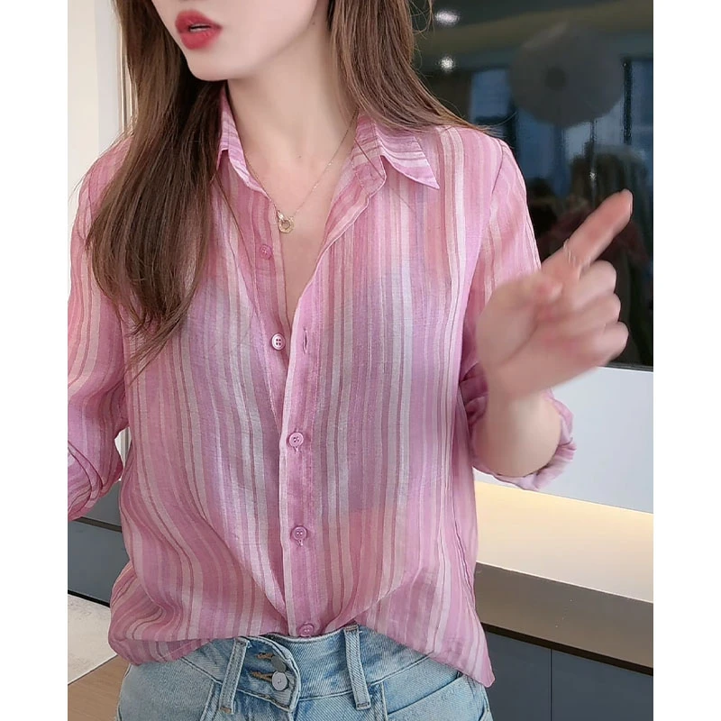 2025年夏季新款POLO领撞色条纹衬衫女时尚洋气百搭宽松显瘦衬衣