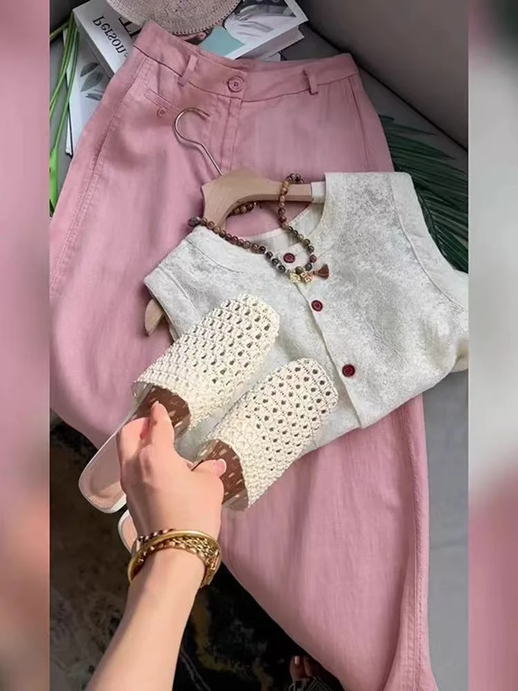 2025新款大方得体穿搭一整套小个子夏天巨好看的阔腿裤两件套装女