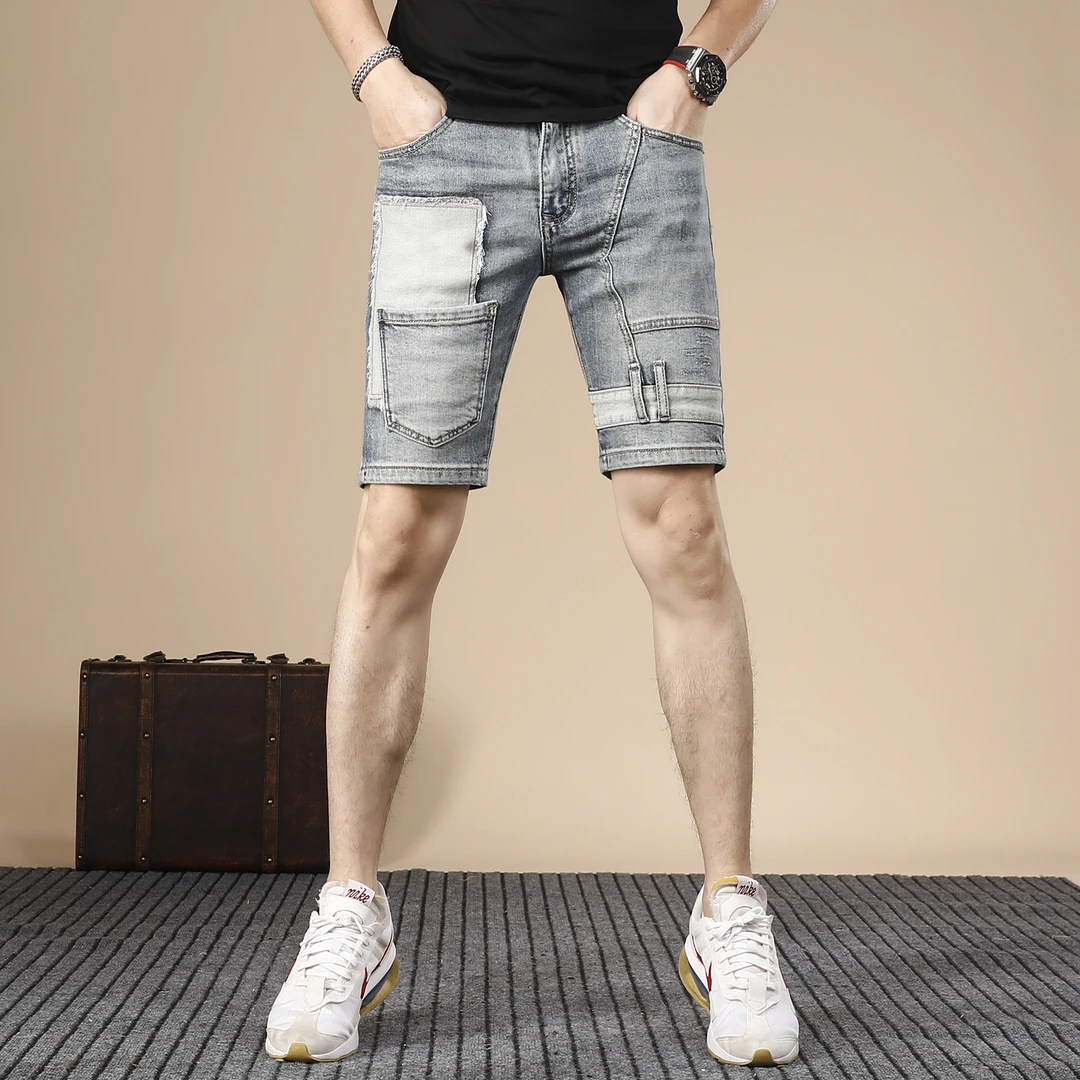 约文库费高端时尚春夏季男款牛仔短裤修身拼接潮休闲弹力中五分裤