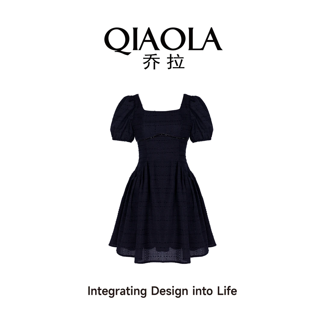 QIAOLA/乔拉【月色星空】夏季肌理小香风方领A版显瘦连衣裙预售