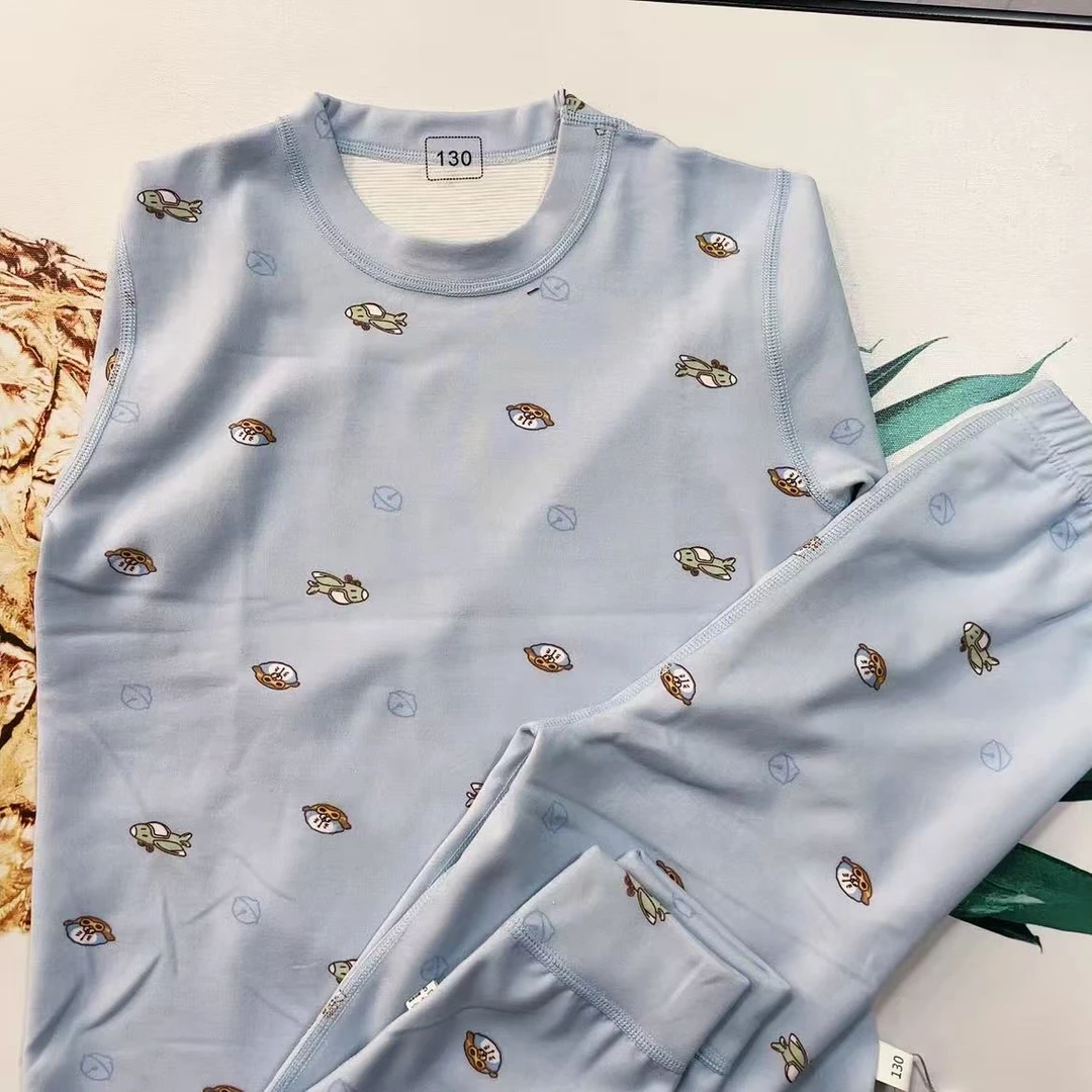 大庆仓17号款蓝底小飞机儿童蚕丝羊满花家居服货号H2412