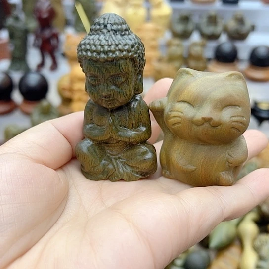维腊木（绿檀）李*文宝宝佛，招财猫