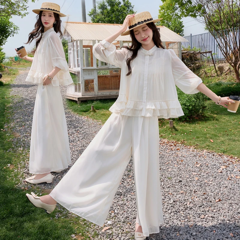 新中式盘扣阔腿裤套装女2025夏季新款高级感洋气减龄防晒衫三件套