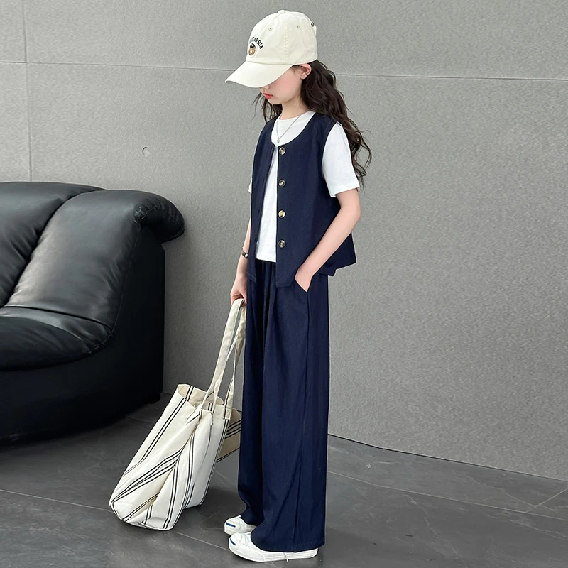 大女童装夏装6-12岁潮高级感马甲套装三件套2025年款衣服儿童夏季